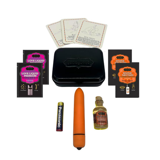 周末情趣套装 VIBE 热带芒果味 包括:爱情精油、可重复使用的10速迷你按摩棒、按摩油、情趣液体和情趣卡片