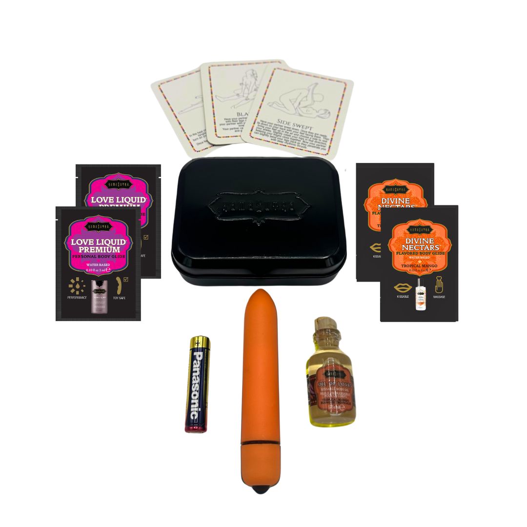 周末情趣套装 VIBE 热带芒果味 包括：爱情精油、可重复使用的10速迷你按摩棒、按摩油、情趣液体和情趣卡片