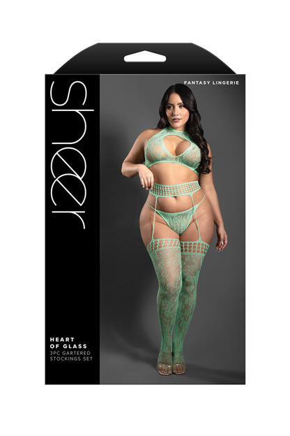 HEART OF GLASS Lace knit halter tie top, g-string panty and gartered stockings (Seaglass Green)