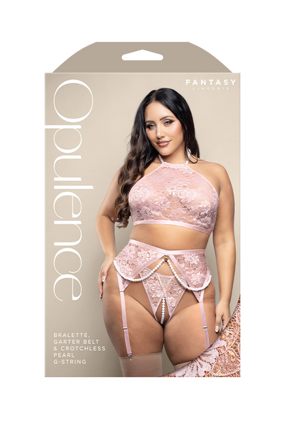 Pearl halter bralette, garter belt with detachable pearl accents and crotchless pearl g-string in iridescent lace