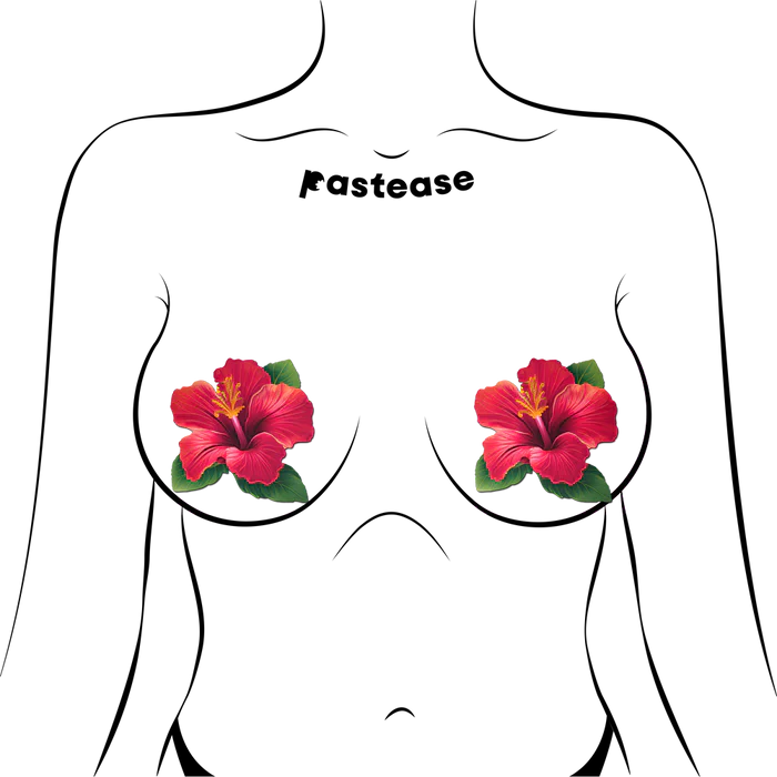 Tropical Vibrant Red Hawaiian Hibiscus Botanical Flower Breast Pasties