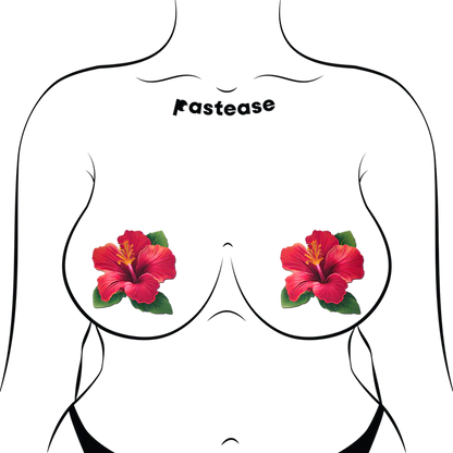 Tropical Vibrant Red Hawaiian Hibiscus Botanical Flower Breast Pasties