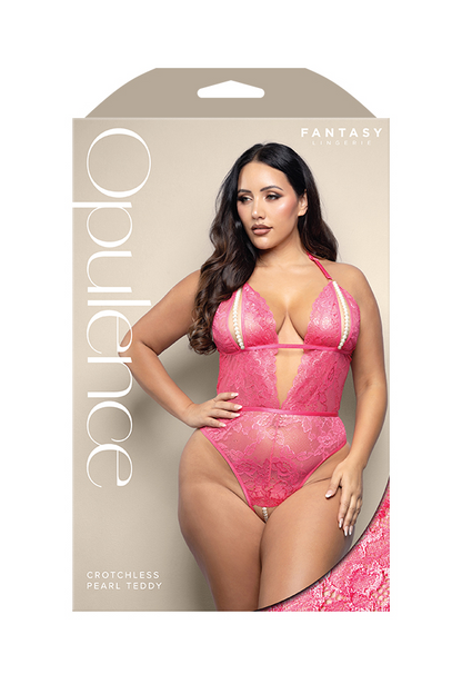 Crotchless teddy with split pearl string cups, cut-out back and adjustable pearl g-string in shimmer lace